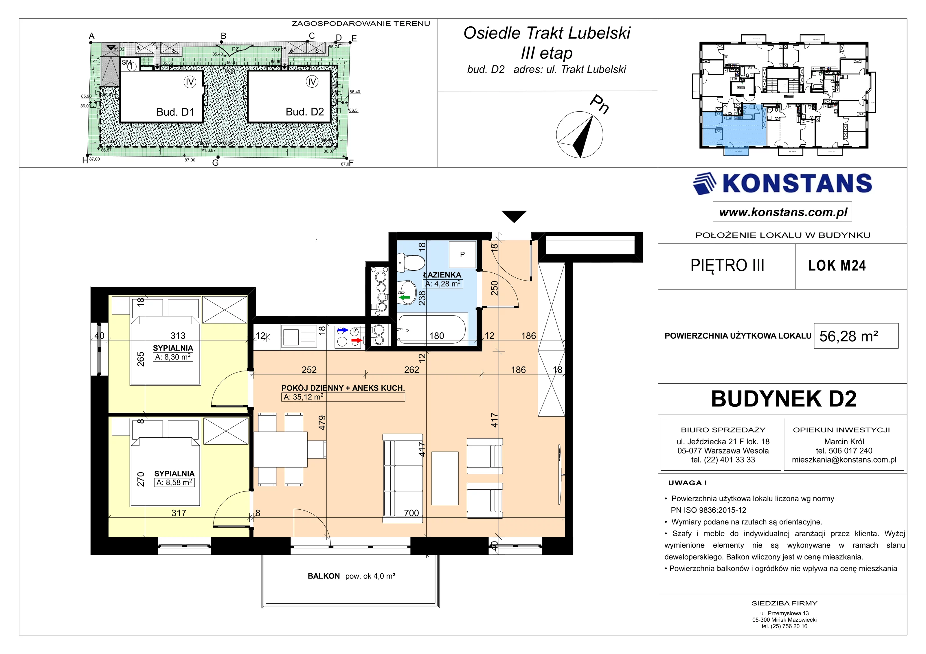 3 pokoje, mieszkanie 56,28 m², piętro 3, oferta nr D2.24, Trakt Lubelski Etap III, Warszawa, Wawer, Zbytki, ul. Trakt Lubelski 181C/181D